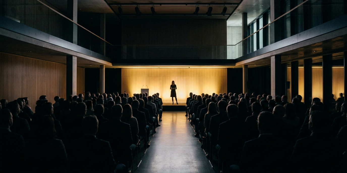 Public d'une conférence en entreprise, vue de dos vers la scène