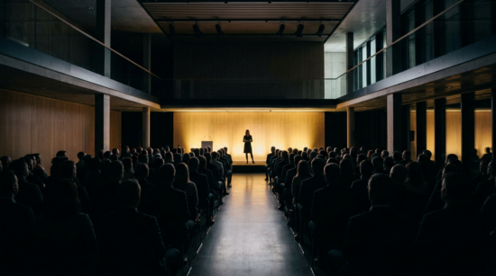 Public d'une conférence en entreprise, vue de dos vers la scène